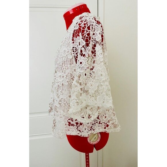Mango lace blouse top keyhole white M bell sleeves - Picture 4 of 6